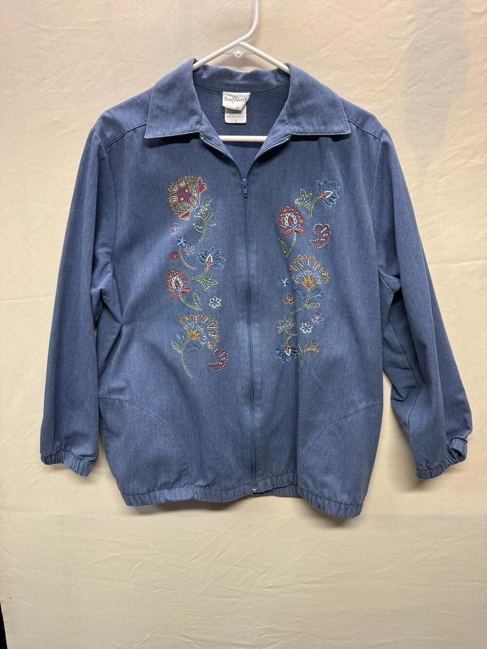 BonWorth Women's Blue Denim Zip-Front Jacket with Floral Embroidery
